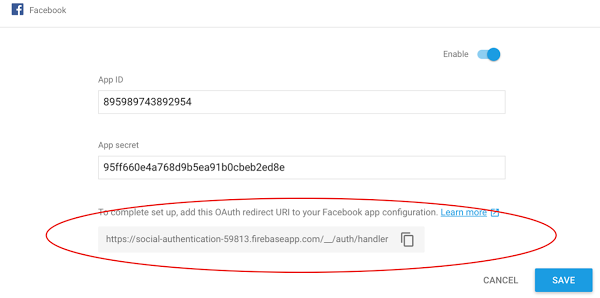 Firebase Social Authentication. Enable Facebook Sign in.